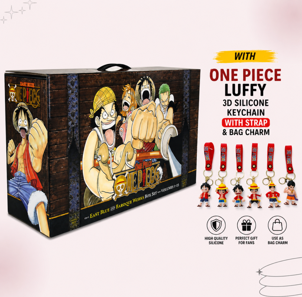 One Piece Manga Box Set 1 (Volumes 1–23) with FREE Luffy 3D Silicone Keychain.