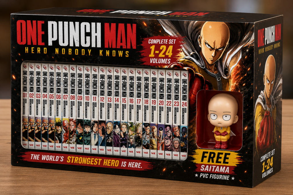 One Punch Man Complete Manga Box Set (Volumes 1–24) with Free Saitama Figurine.
